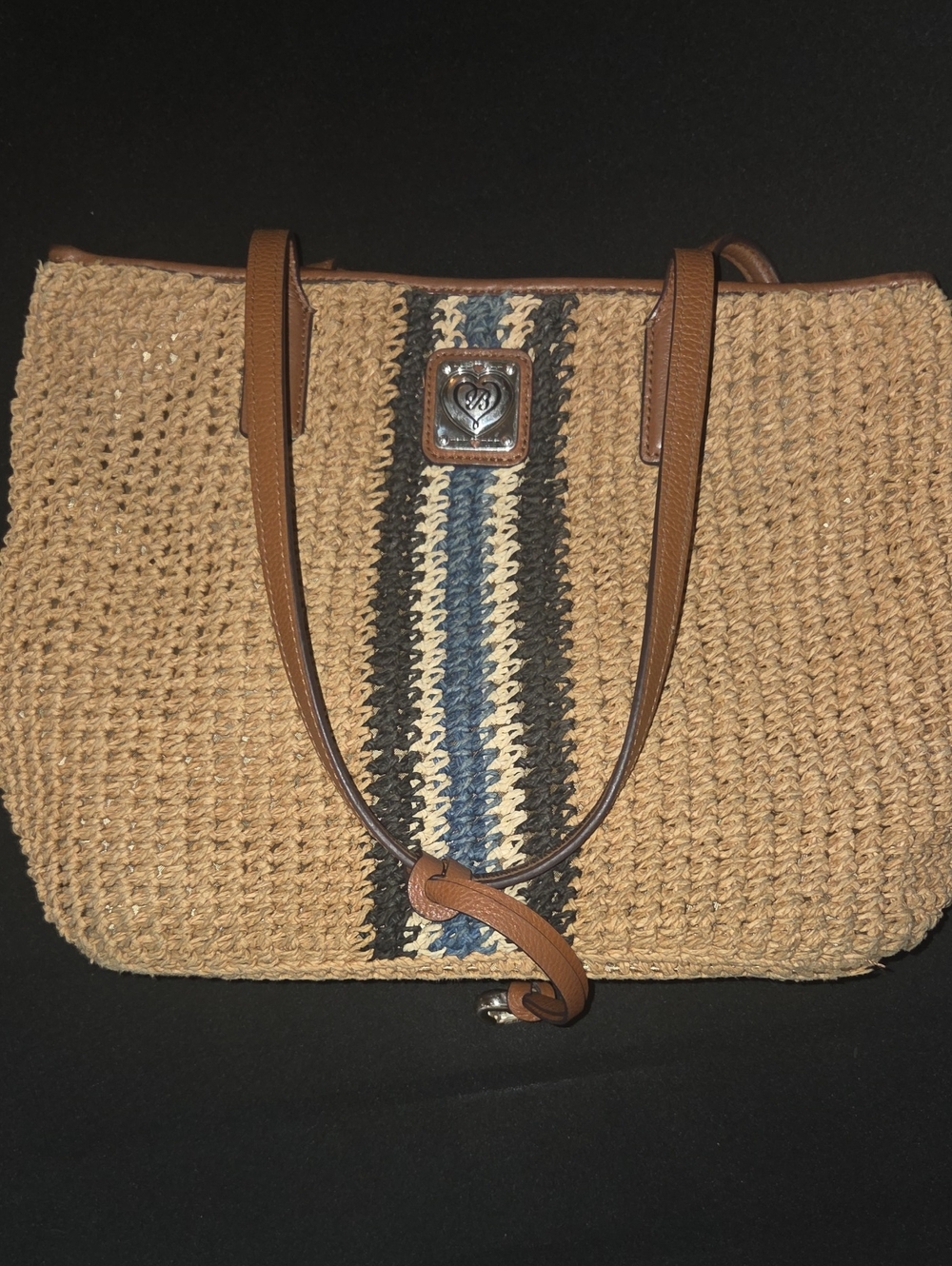 Brighton Tan Straw Tote with Blue and Black Stripes